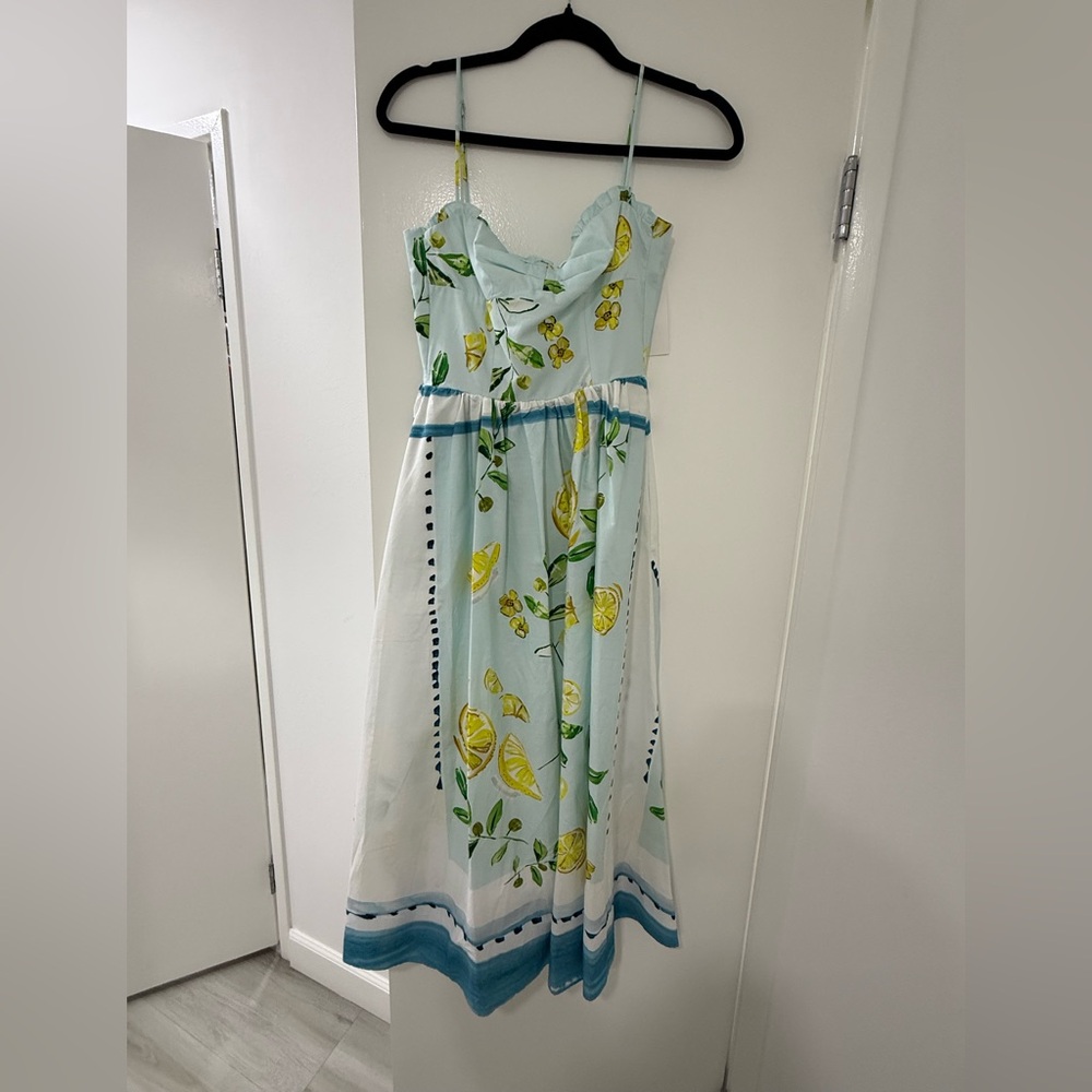 Zara White and Blue Midi Dress with Yellow Accents